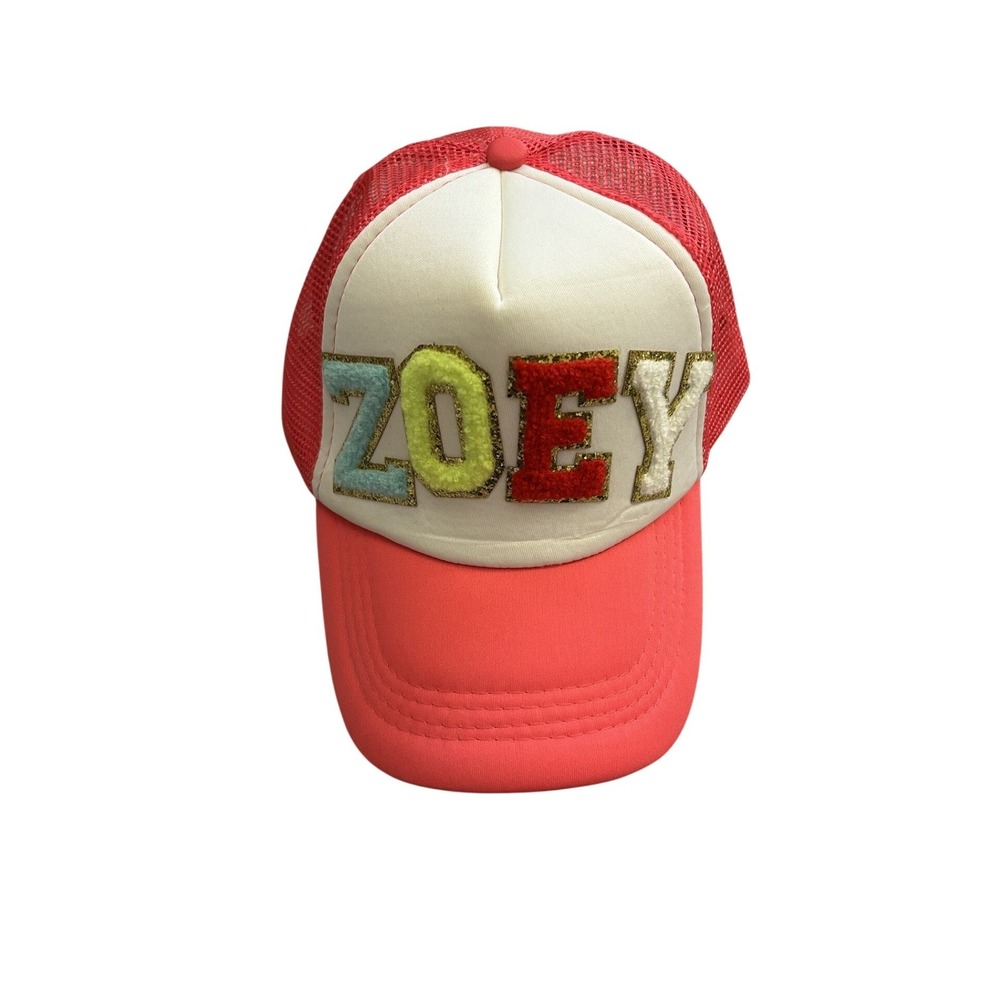 Y2K Vintage Trucker Hat Girls OS Pink Excellent Zoey Chenille Glitter Patch Mesh